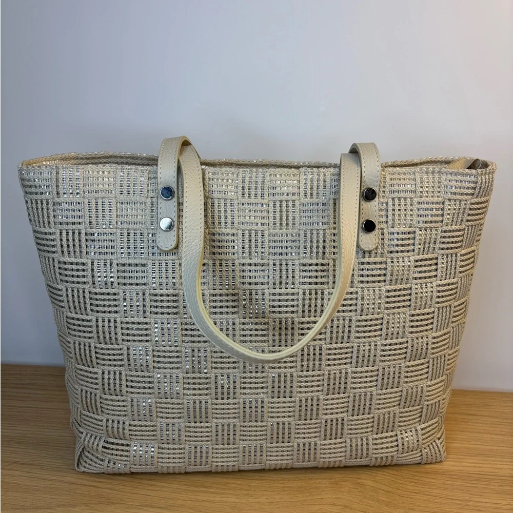 Alma Tonutti Elegant Cream Woven Checkerboard w/Shimmery Detail Tote Bag NWOT
